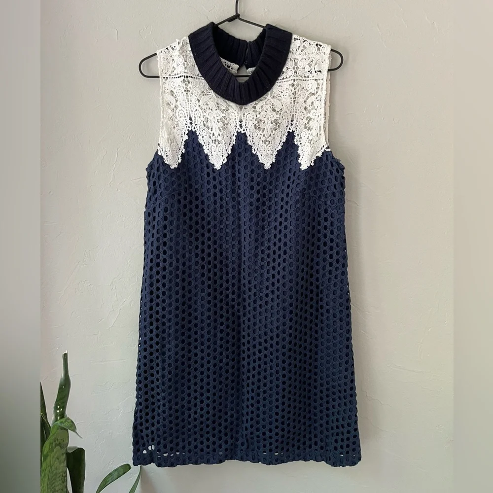 SEA NEW YORK GUIPURE LACE CROCHET BLUE EYELET SHIFT DRESS 8 - Picture 4 of 7